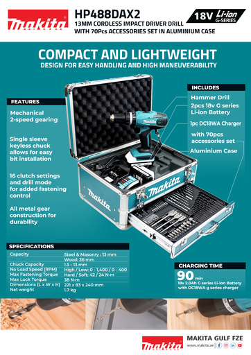 [HP488DAEX2] [HP488DAEX2] *13mm Cordless Percussion Driver Drill * 2Pcs of 18V 2.0Ah G Series Battery * DC18WA Charger * 70pcs Accessories Set *Aluminium Case